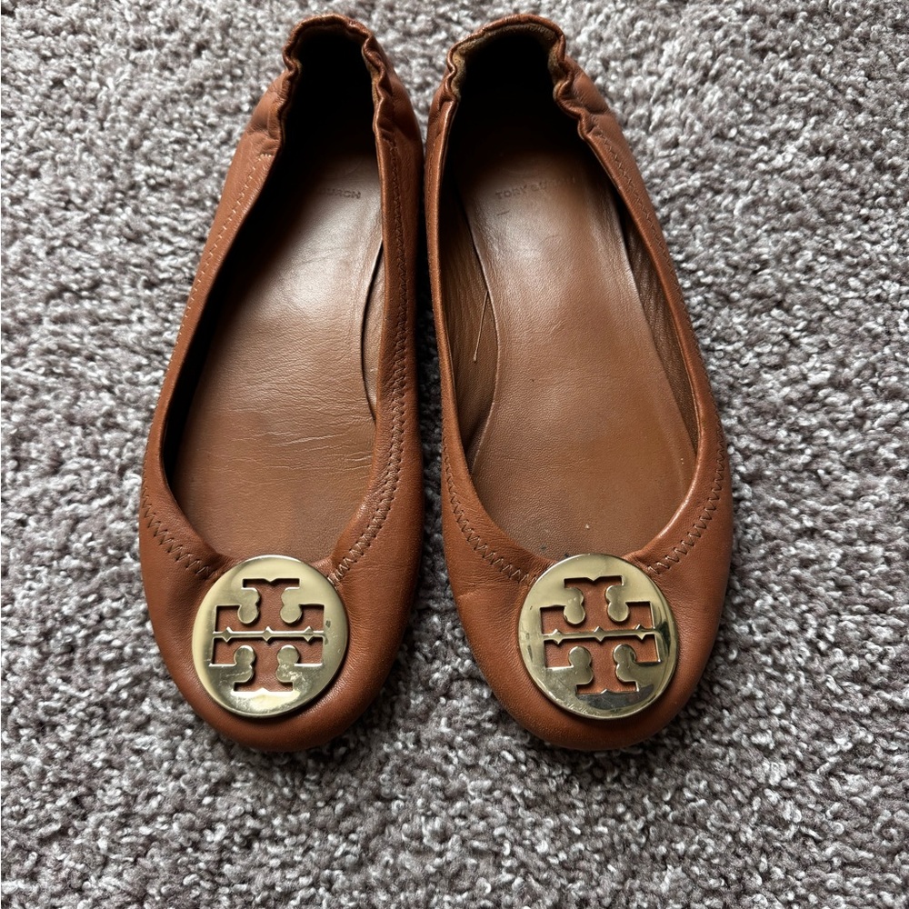 Tory Burch Brown Leather Logo Ballet Flats